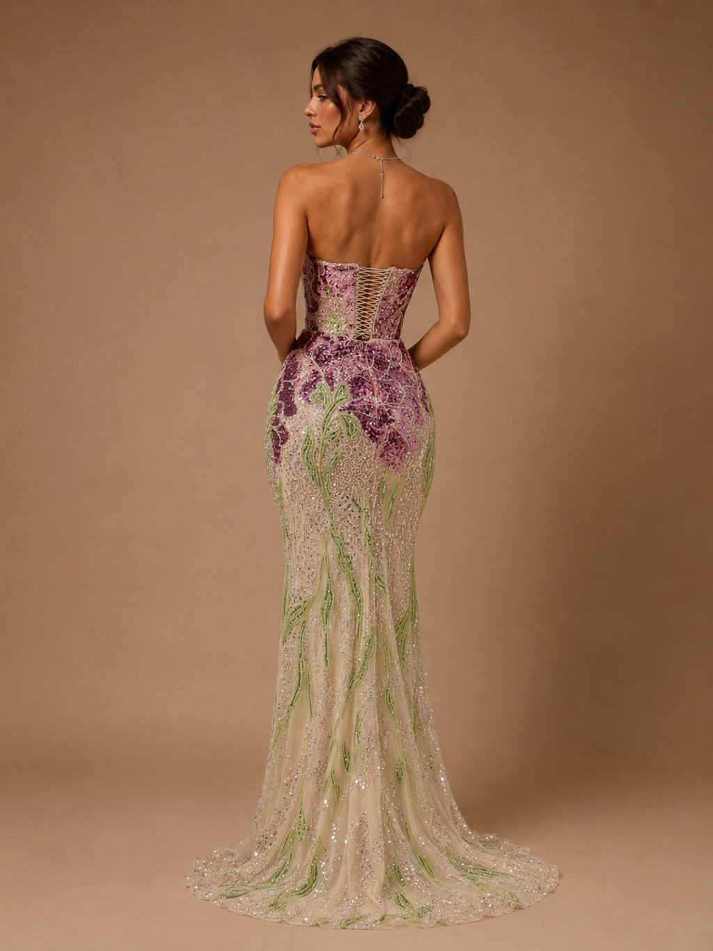 LILIANNE | Purple Floral Beaded Strapless Mermaid Evening Gown