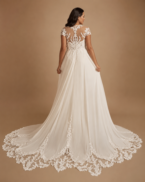 ARDELLA | Plus Size Illusion Lace A-Line Wedding Gown with Cap Sleeves and Cathedral Train