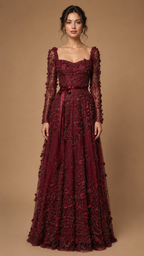 VELORIA | 3D Floral Beaded Long Sleeve A-Line Formal Gown