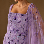 AMARIS | Lilac Beaded Feather Trim Cape Evening Gown
