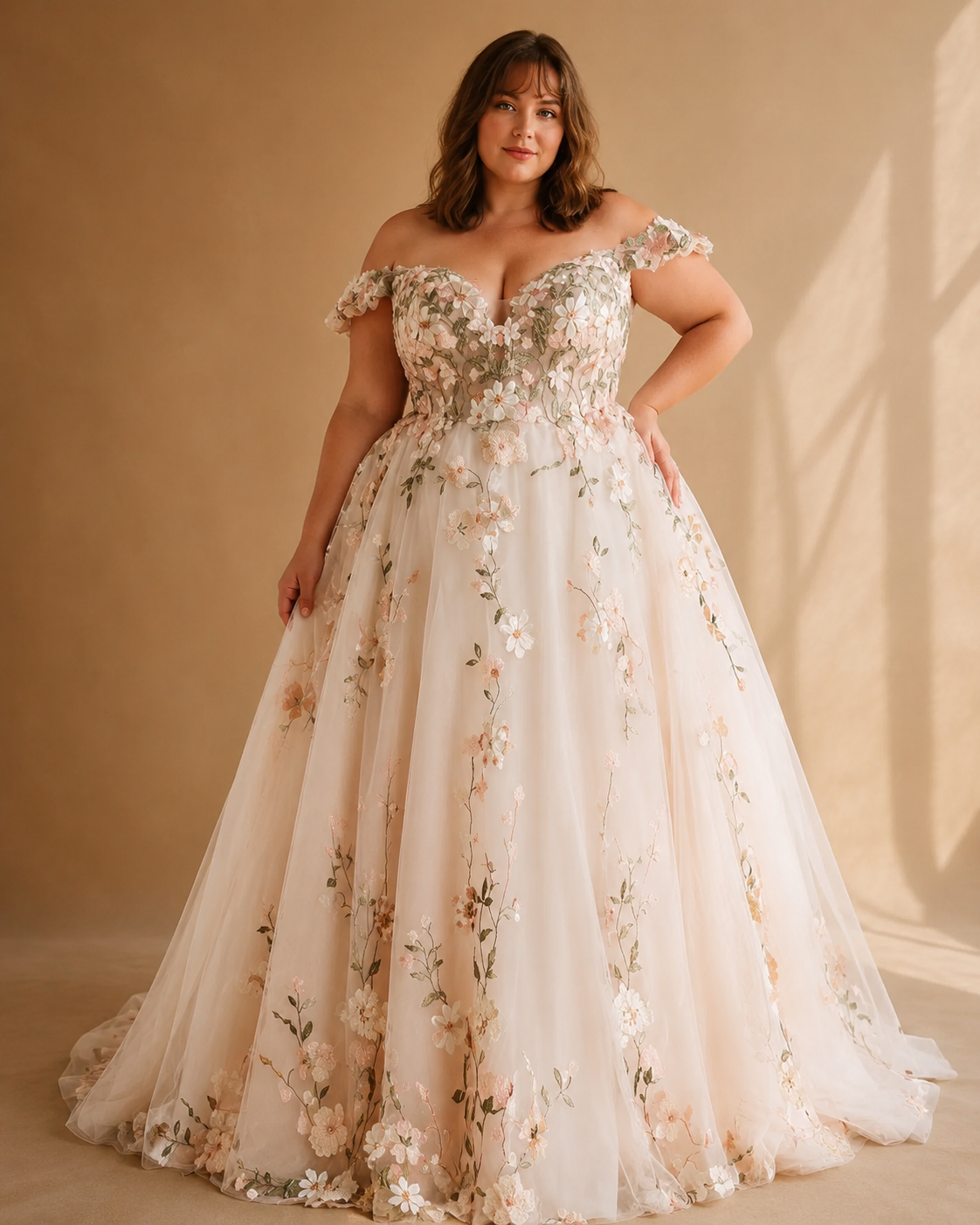 AURELIA | Plus Size Floral Cap Sleeve V-Neck A-Line Wedding Dress with Court Train