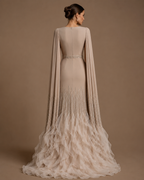 ELARA | Beaded Cape Sleeve Ruffle Train Evening Gown