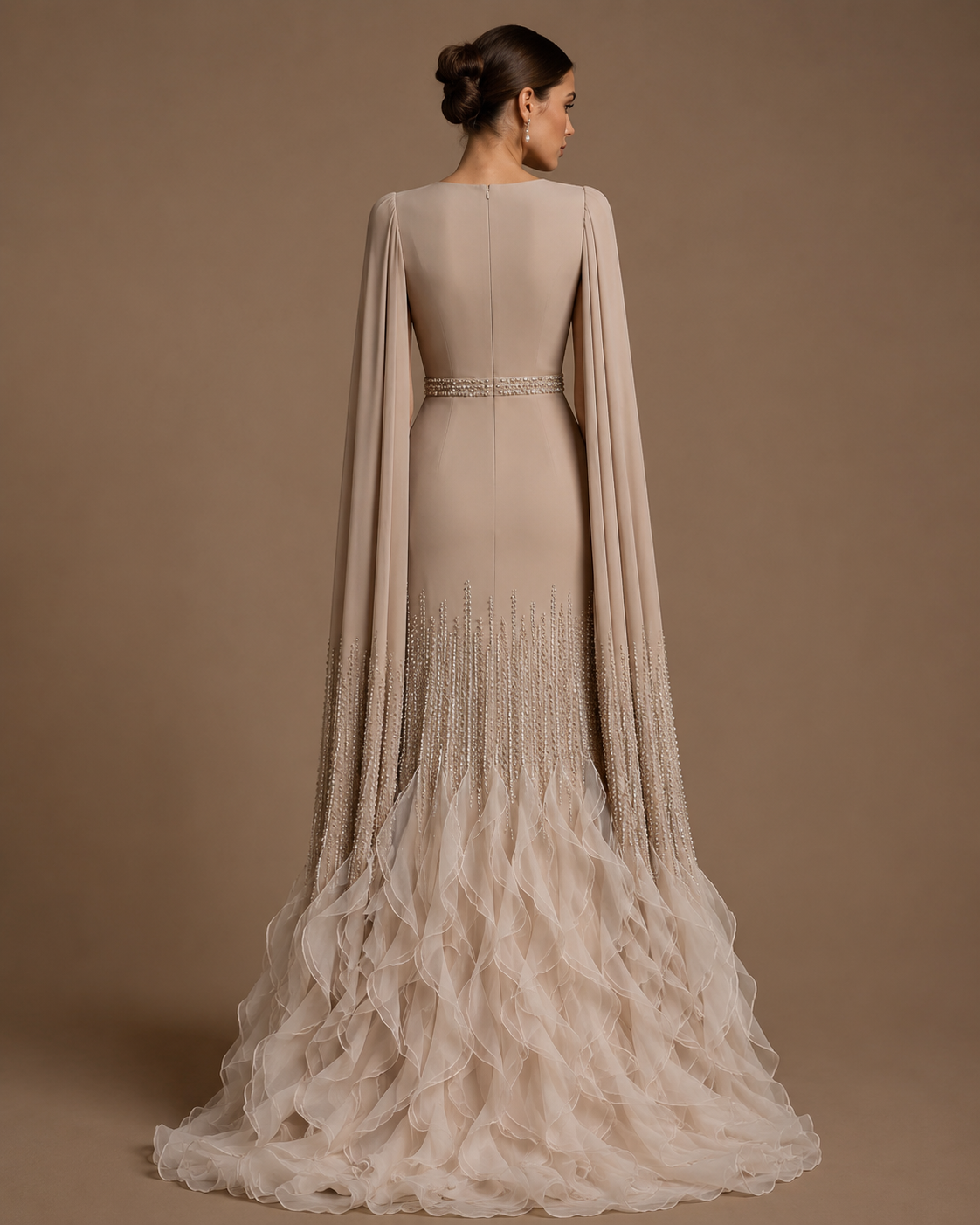 ELARA | Beaded Cape Sleeve Ruffle Train Evening Gown