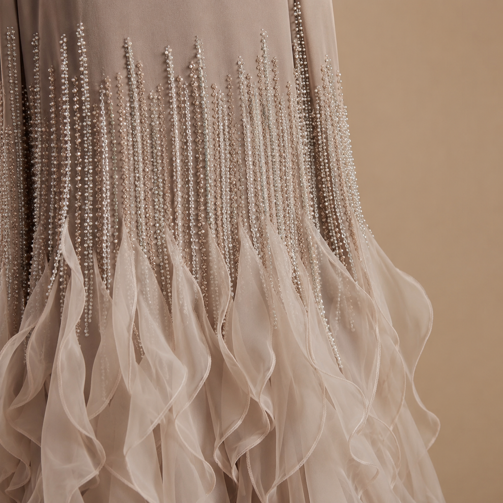 ELARA | Beaded Cape Sleeve Ruffle Train Evening Gown