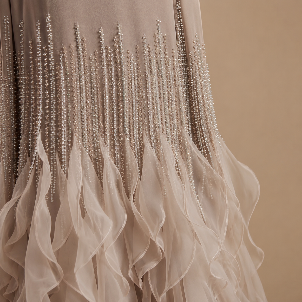 ELARA | Beaded Cape Sleeve Ruffle Train Evening Gown