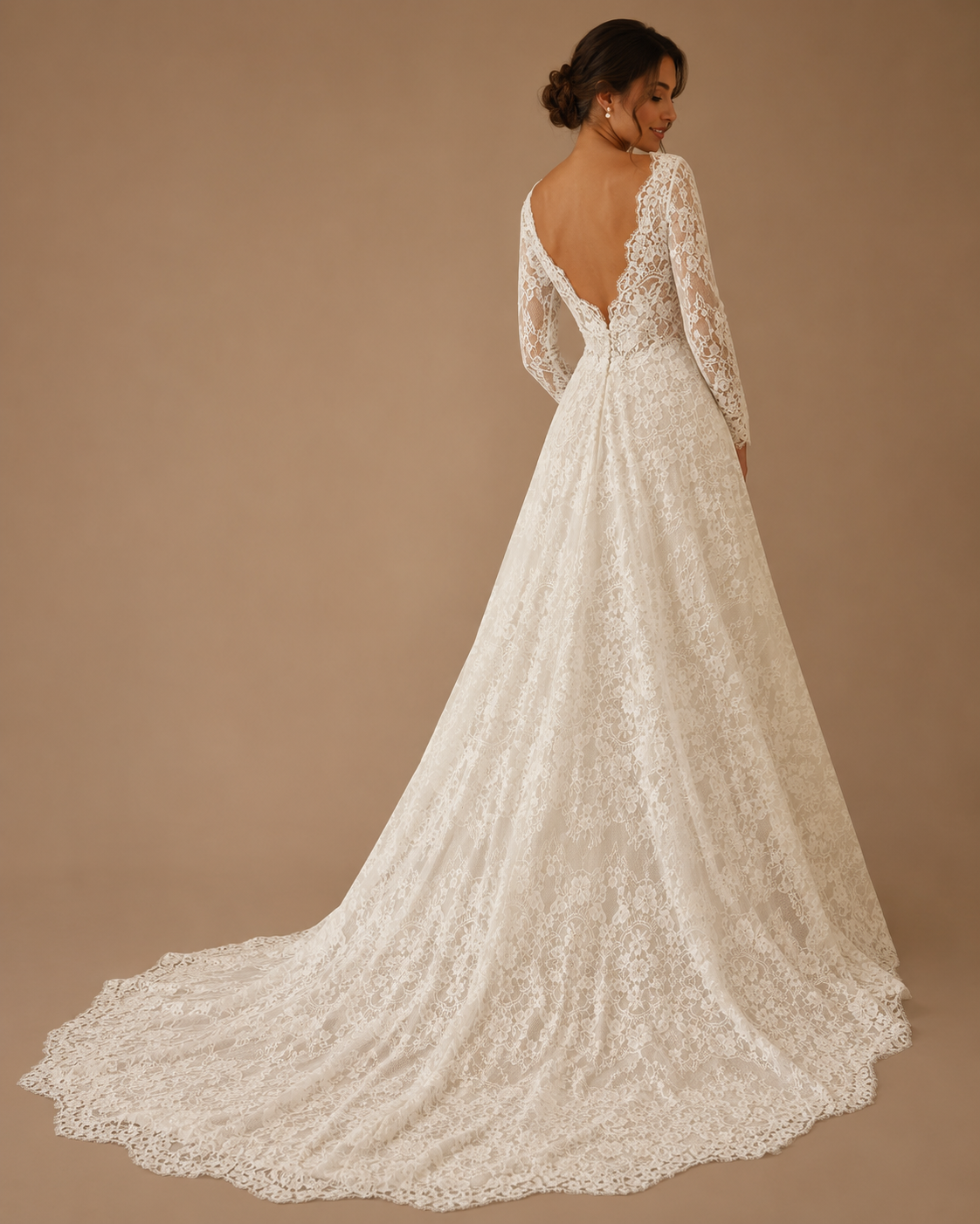 VIRELIA | Long Sleeve Lace A-Line Wedding Dress with Illusion Plunge