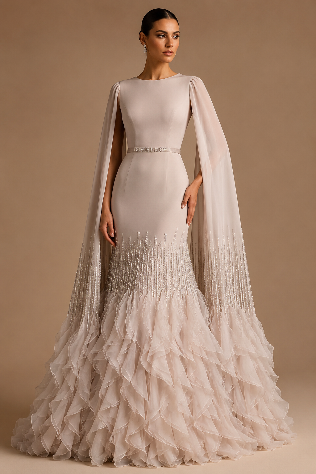 ELARA | Beaded Cape Sleeve Ruffle Train Evening Gown