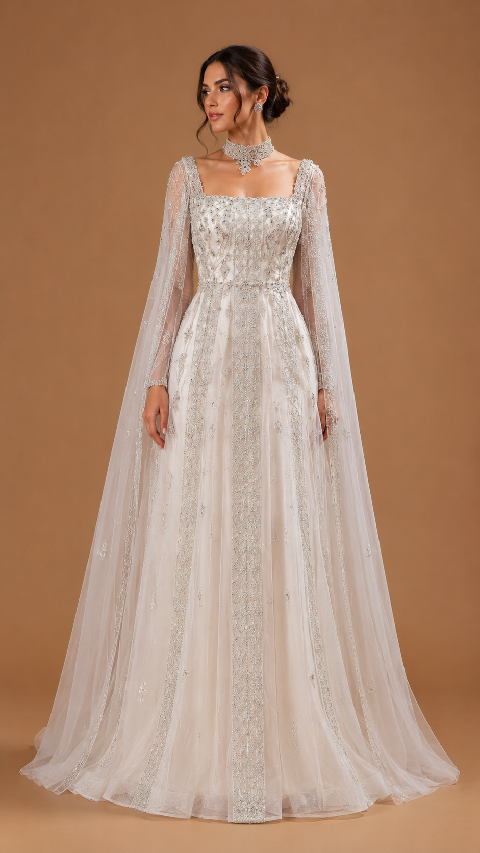 AUREVIA | Beaded Square Neck Cape Sleeve A-Line Evening Gown