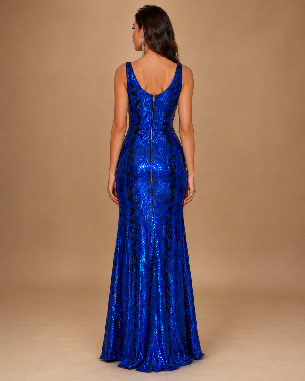 ZARELIS | Royal Blue Sequin V-Neck High-Slit Evening Gown