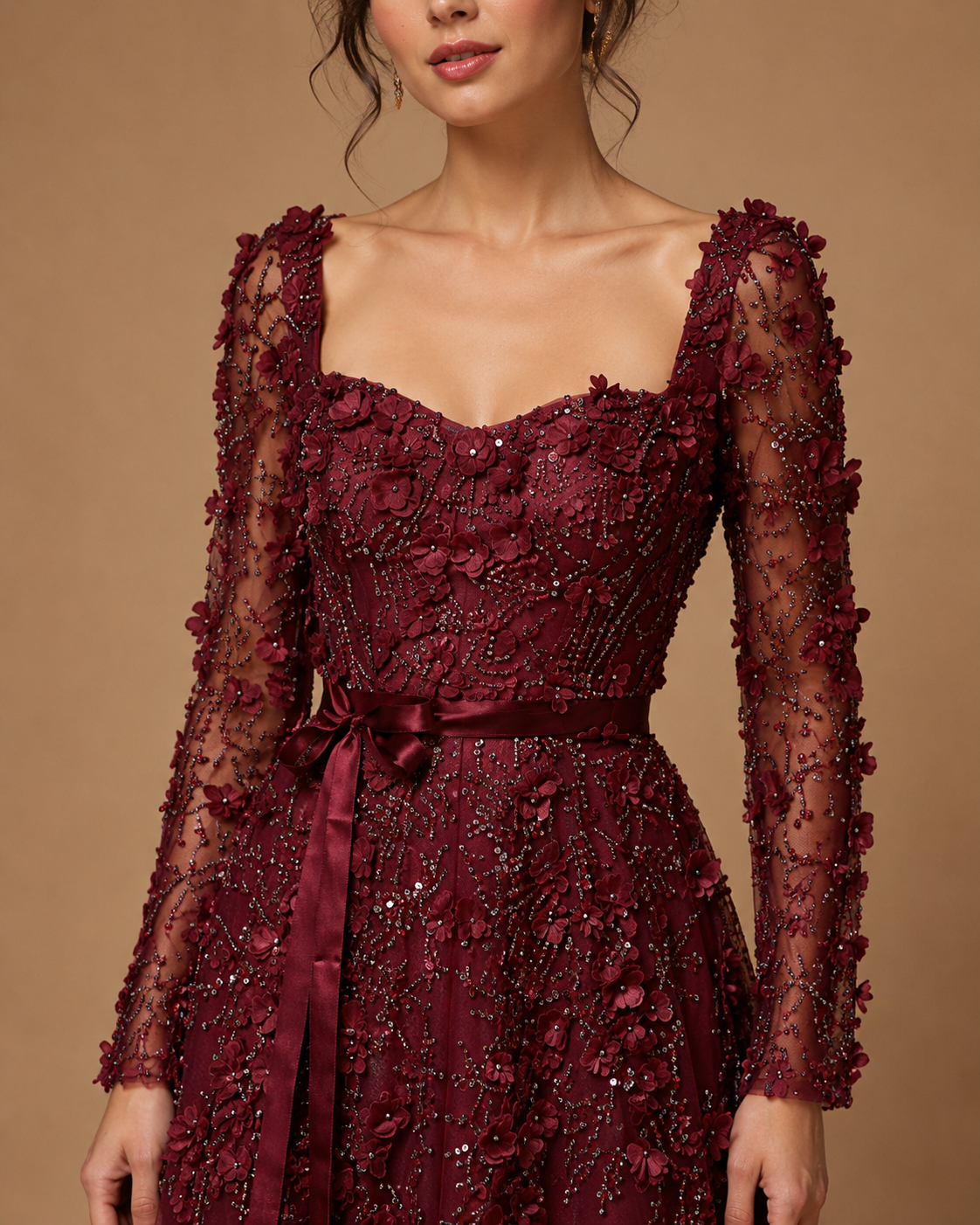 VELORIA | 3D Floral Beaded Long Sleeve A-Line Formal Gown
