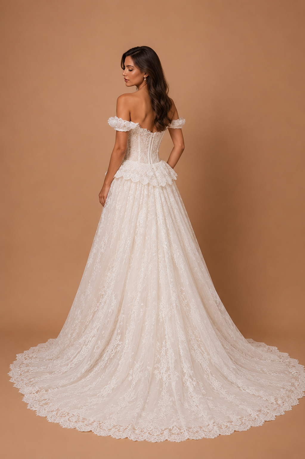 MARIELLA | Off-Shoulder Beaded Lace Corset A-Line Wedding Gown with Draped Pearls and Cathedral Train