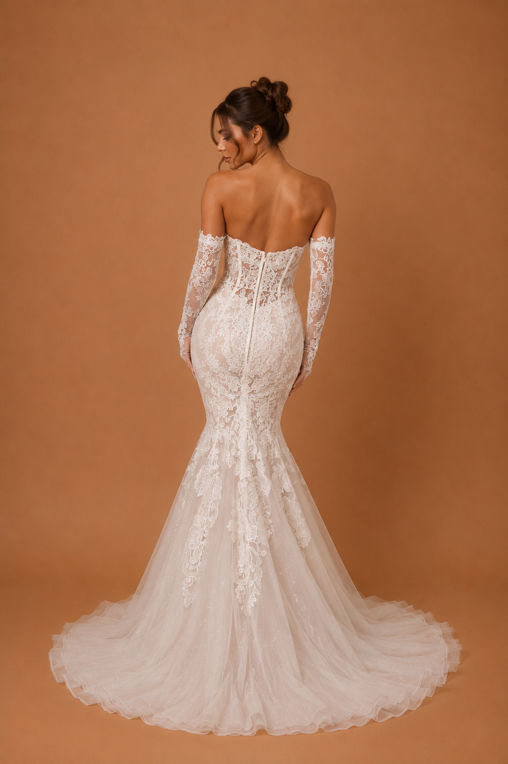 AMARIELLE | Strapless Lace Corset Mermaid Wedding Gown with Detachable Long Sleeves and Chapel Train