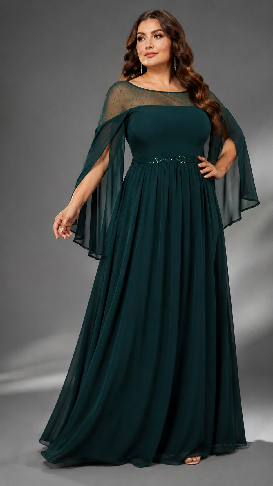 SERENITY | Sheer Embellished Cape Sleeve Plus Size A-Line Evening Gown