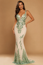 CELESTINE | Ivory & Sapphire Sequin Plunge Mermaid Evening Gown