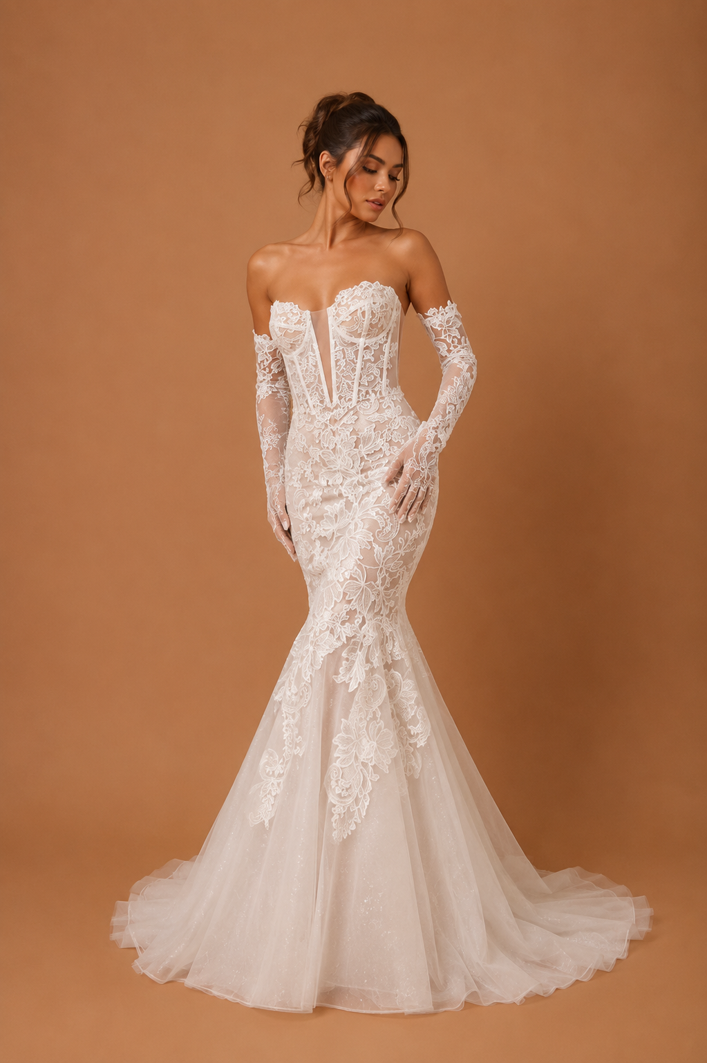 AMARIELLE | Strapless Lace Corset Mermaid Wedding Gown with Detachable Long Sleeves and Chapel Train