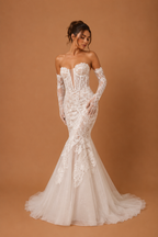 AMARIELLE | Strapless Lace Corset Mermaid Wedding Gown with Detachable Long Sleeves and Chapel Train