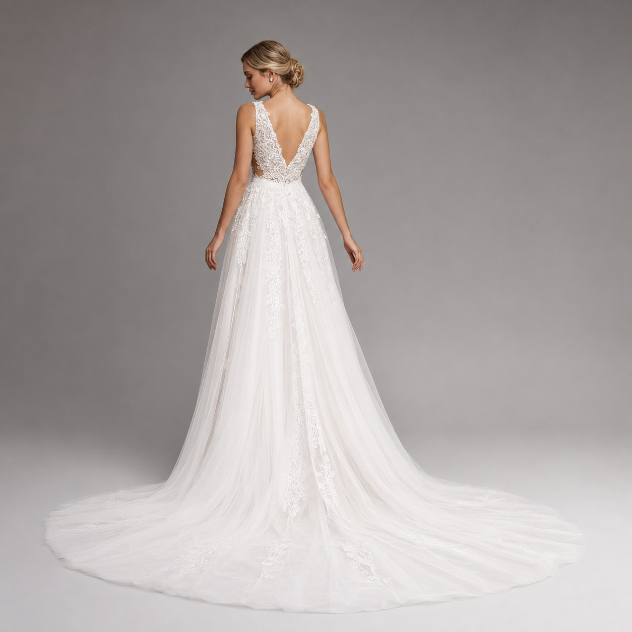 AURELIA | Ivory V-Neck Sleeveless Vintage Beaded Lace Mermaid Wedding Dress with Open Back and Cathedral Train