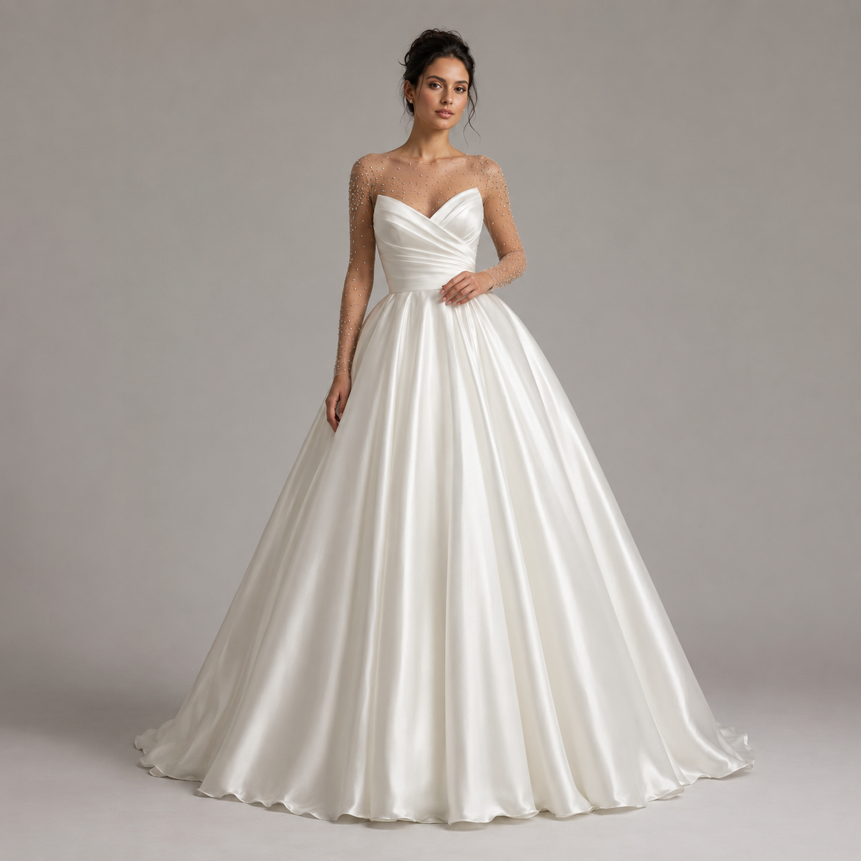 AMARISE | Crystal Illusion Long-Sleeve Sweetheart Satin Ball Gown Wedding Dress