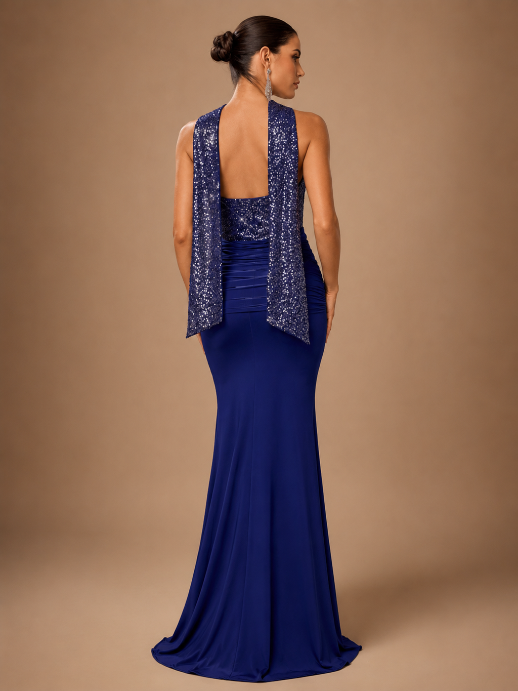 VIONELLE | Navy Sequin Corset Draped Mermaid Evening Gown