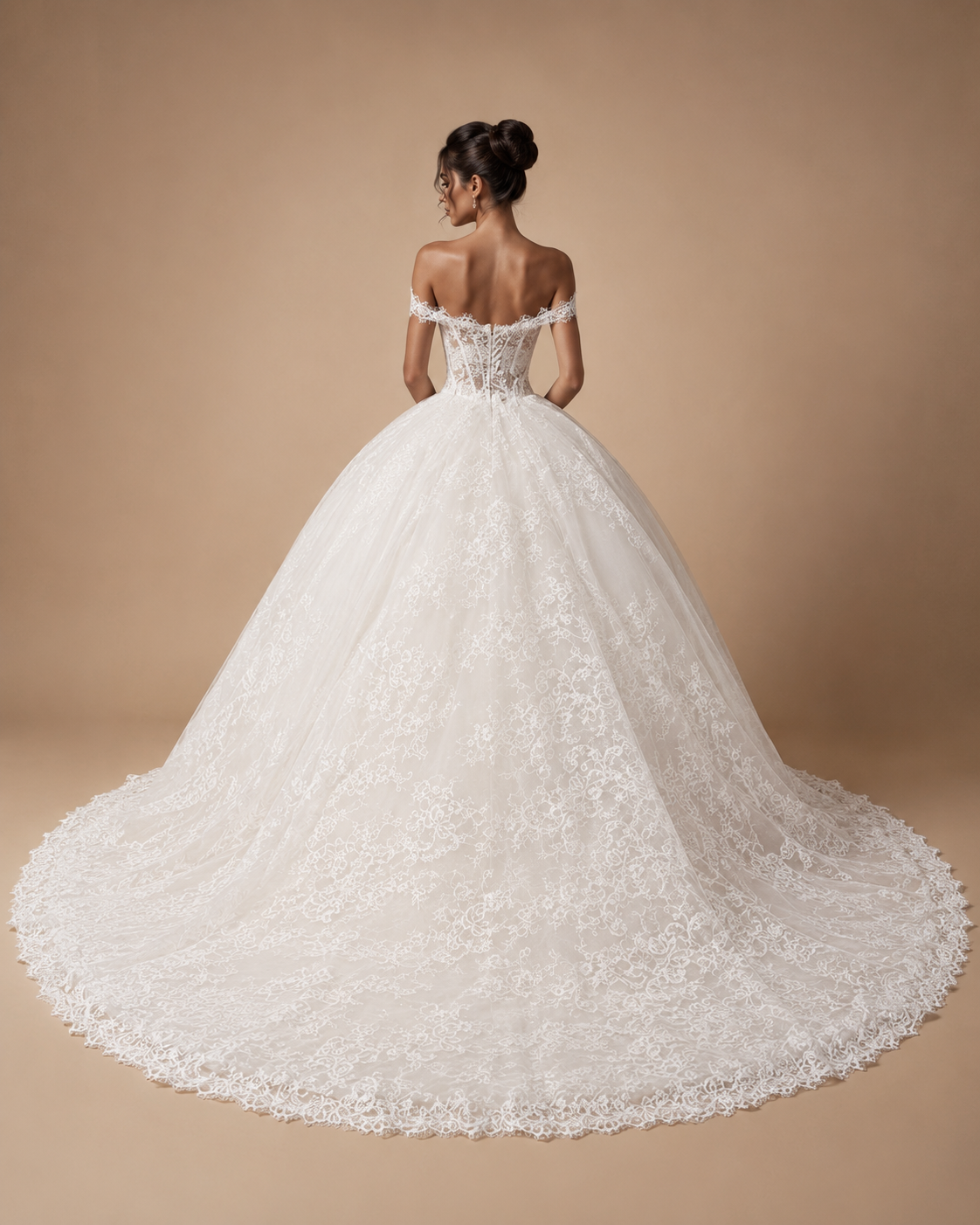 ISADORA | Ivory Off-Shoulder Lace Corset Ball Gown Wedding Dress with Cathedral Train