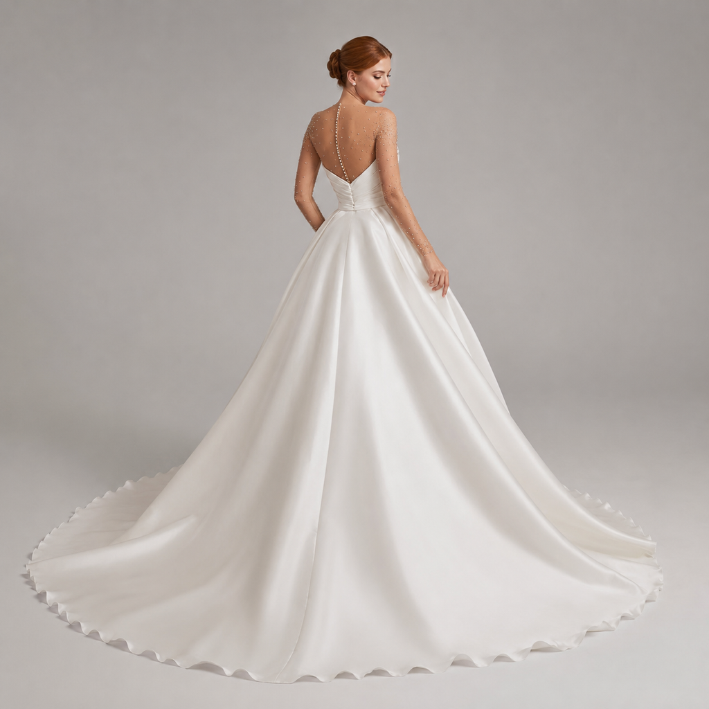 AMARISE | Crystal Illusion Long-Sleeve Sweetheart Satin Ball Gown Wedding Dress