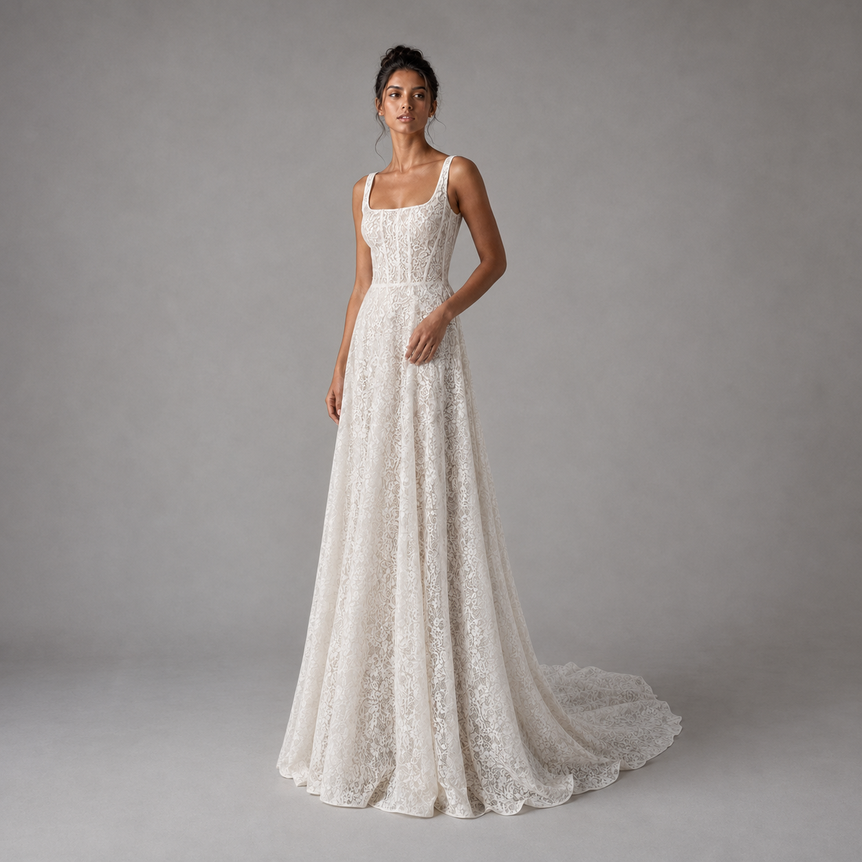 ELARA | Square-Neck Floral Lace A-Line Wedding Dress with Cathedral Train
