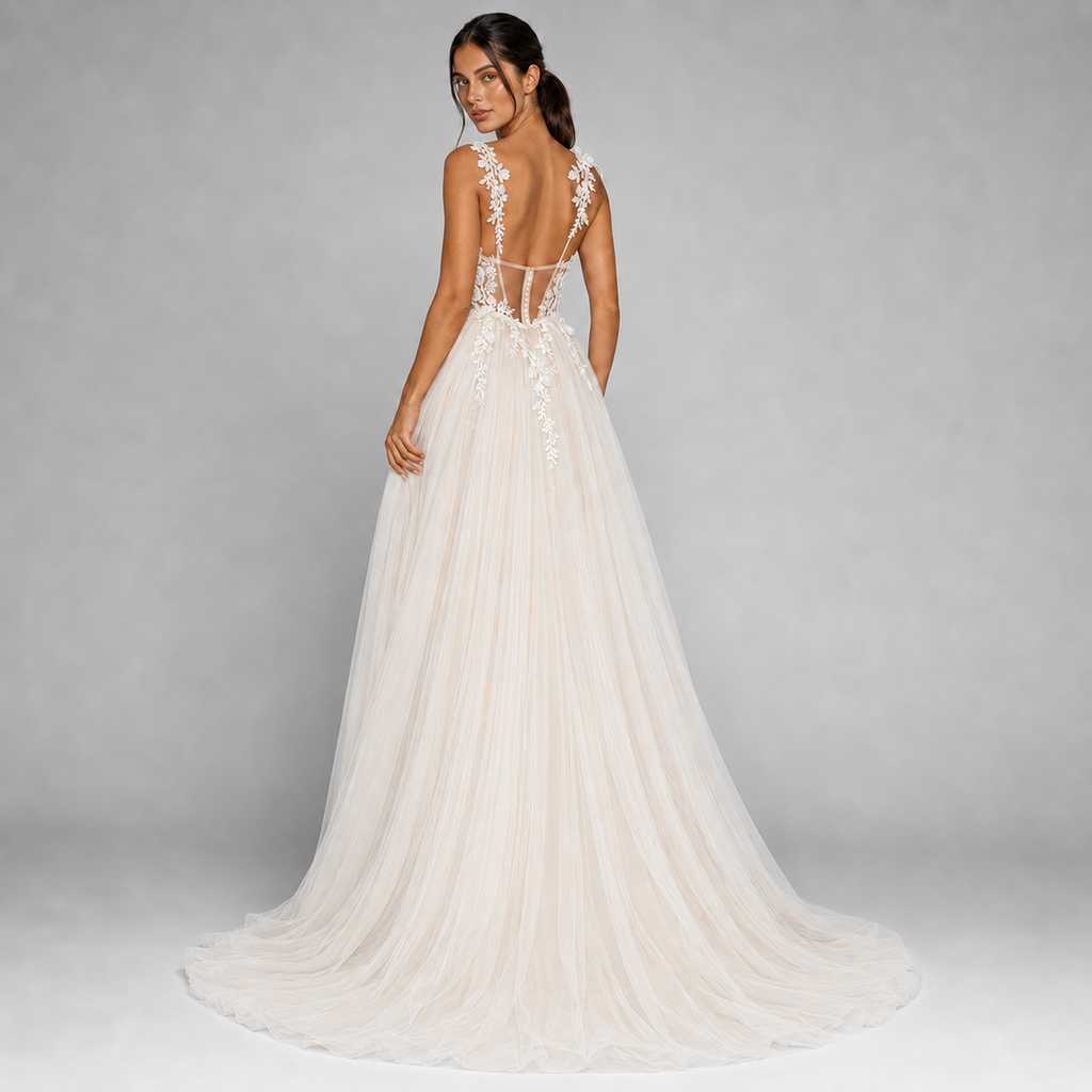 MACI | Floral Crystal-Beaded Corset A-Line Tulle Wedding Dress with Train