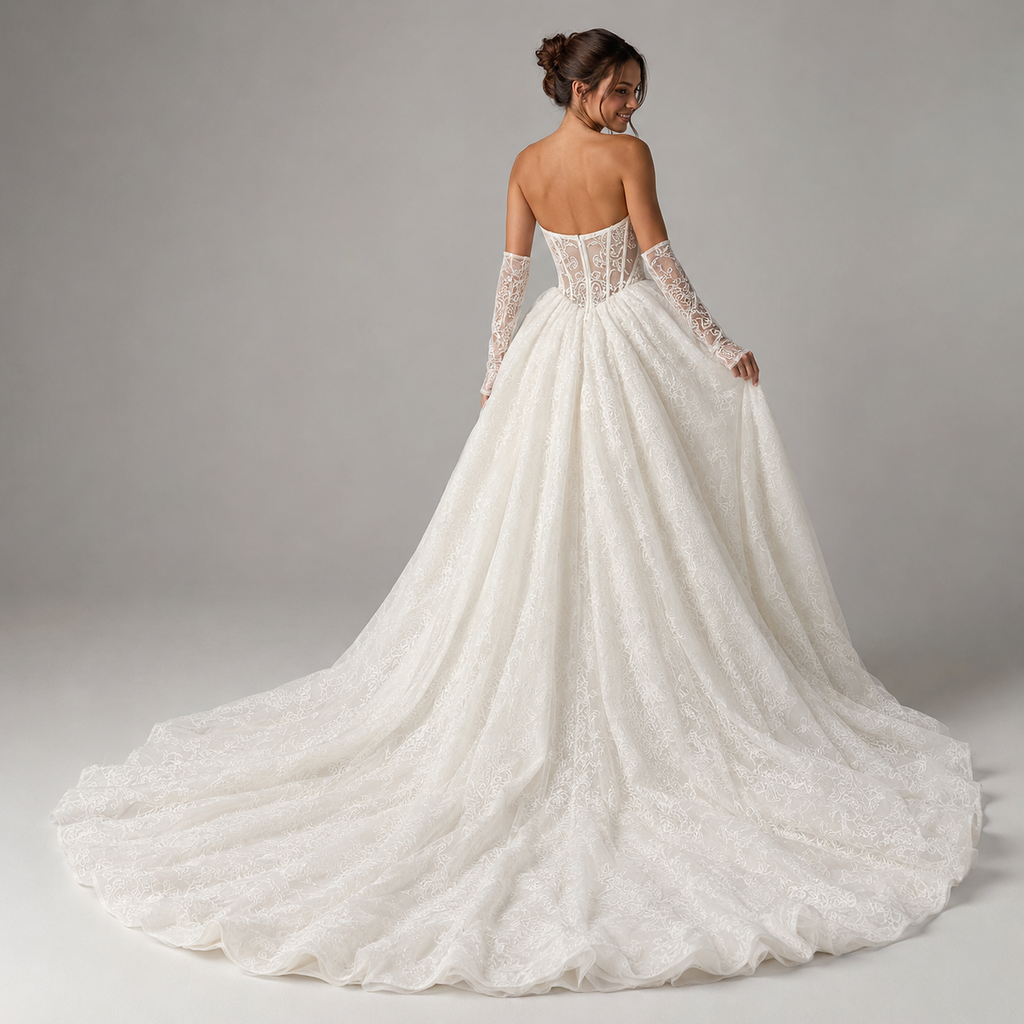 ELYSARA | Strapless Lace Corset Basque-Waist Ball Gown Wedding Dress with Gloves