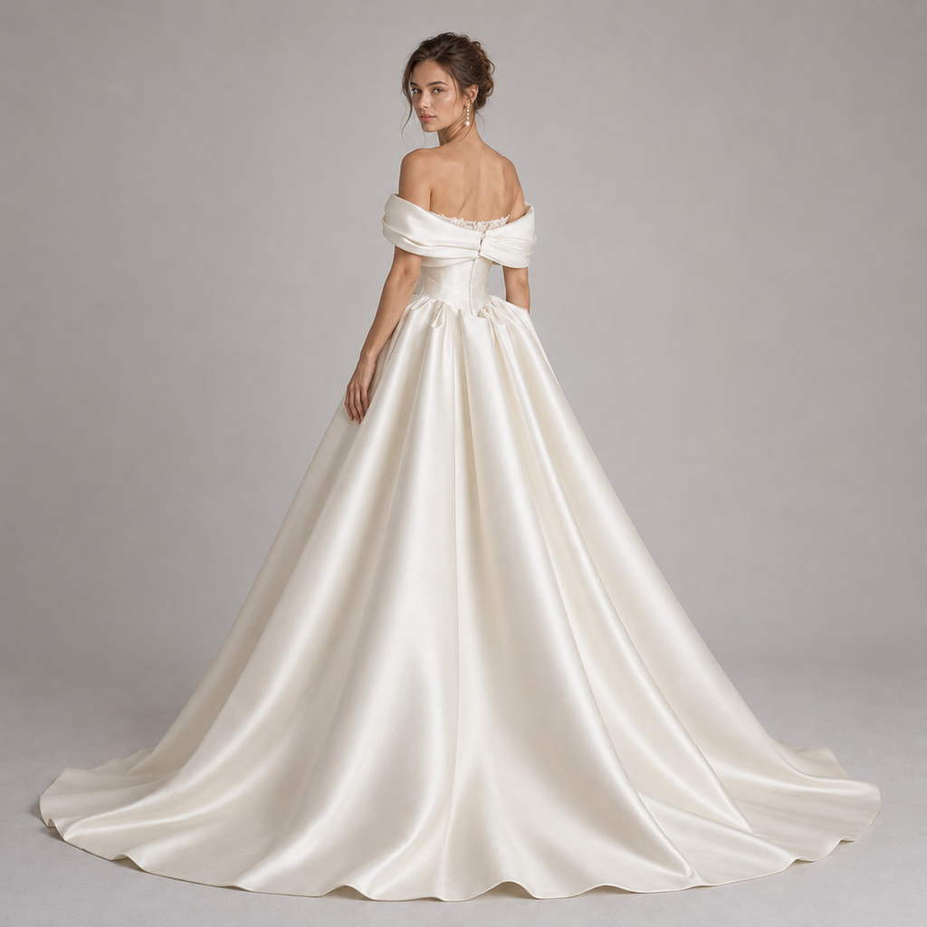 SERAVINE | Off Shoulder Satin Ball Gown Wedding Dress with Draped Bodice and Lace Slit Detail