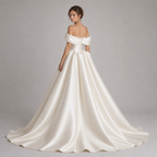 SERAVINE | Off Shoulder Satin Ball Gown Wedding Dress with Draped Bodice and Lace Slit Detail