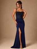 NOCTELLE | Navy Beaded Corset High-Slit Mermaid Evening Gown