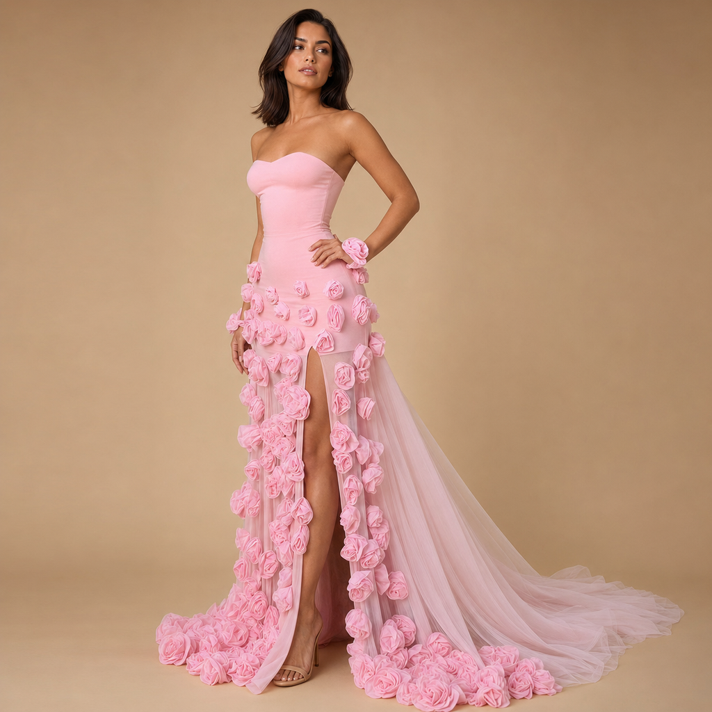 ROSALIE | Pink 3D Rose Strapless High Slit Tulle Evening Gown