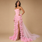ROSALIE | Pink 3D Rose Strapless High Slit Tulle Evening Gown