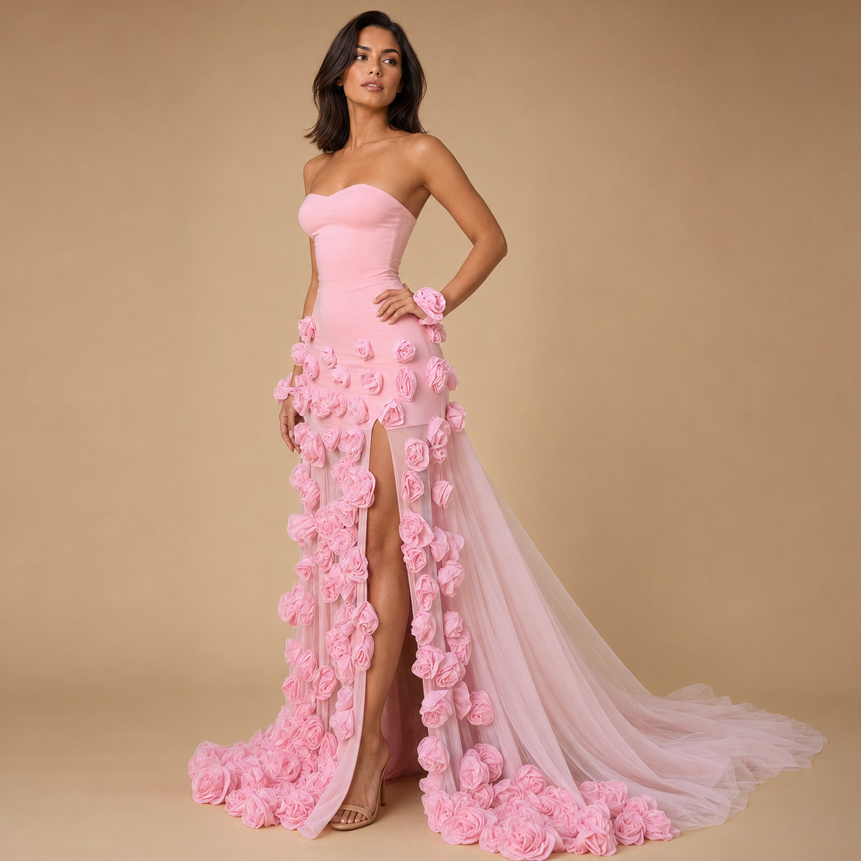 ROSALIE | Pink 3D Rose Strapless High Slit Tulle Evening Gown