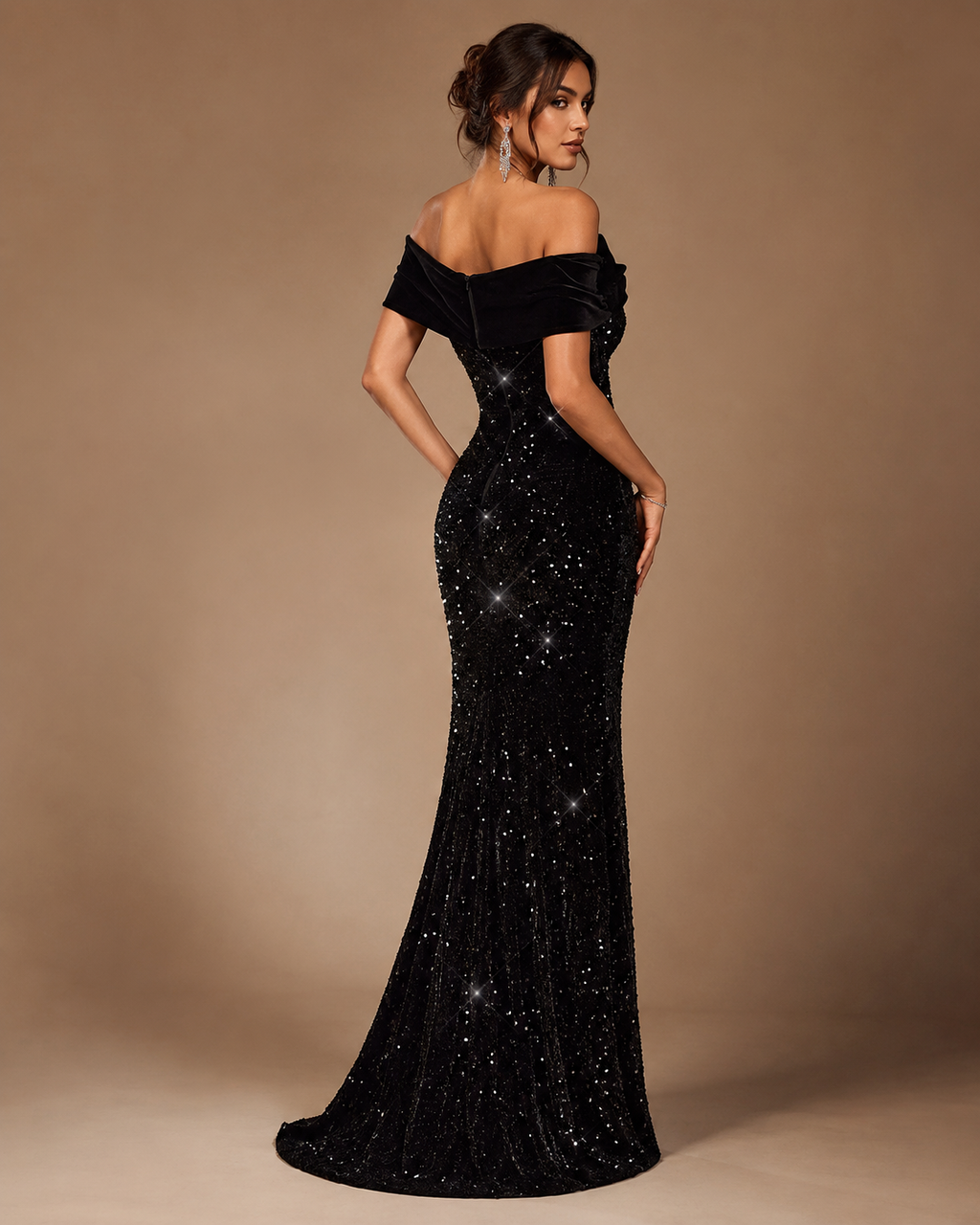 SORAYA | Black Sequin Off-Shoulder High-Slit Evening Gown