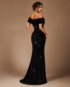 SORAYA | Black Sequin Off-Shoulder High-Slit Evening Gown