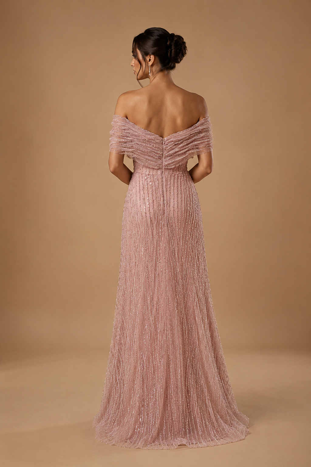 AMARIELLE | Beaded Bow Neck Off-Shoulder Column Evening Gown