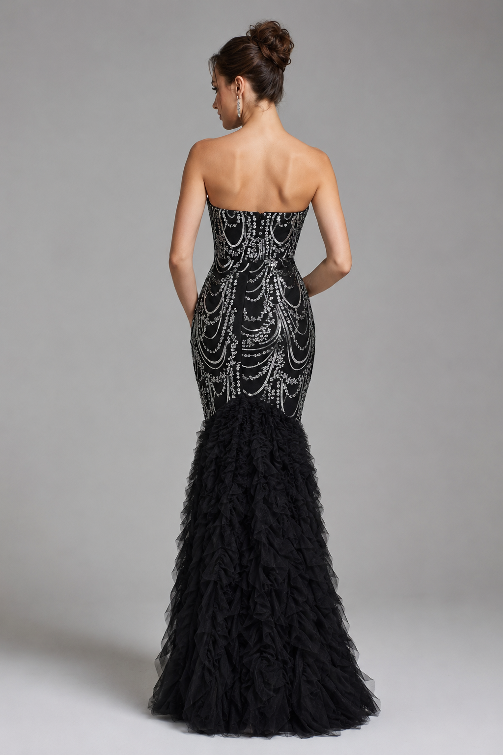 NOIRABELLE | Black Strapless Sequin Mermaid Evening Gown with Ruffled Tulle Hem