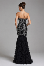 NOIRABELLE | Black Strapless Sequin Mermaid Evening Gown with Ruffled Tulle Hem