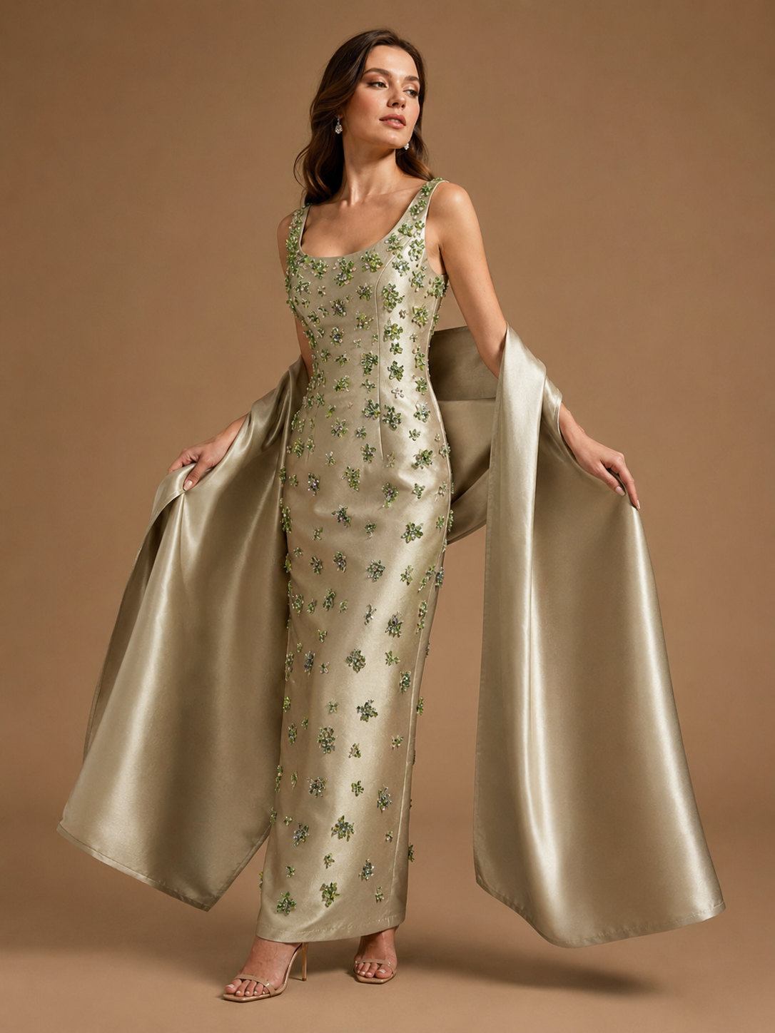 VERDESSA | Crystal Floral Embellished Column Gown with Draped Cape