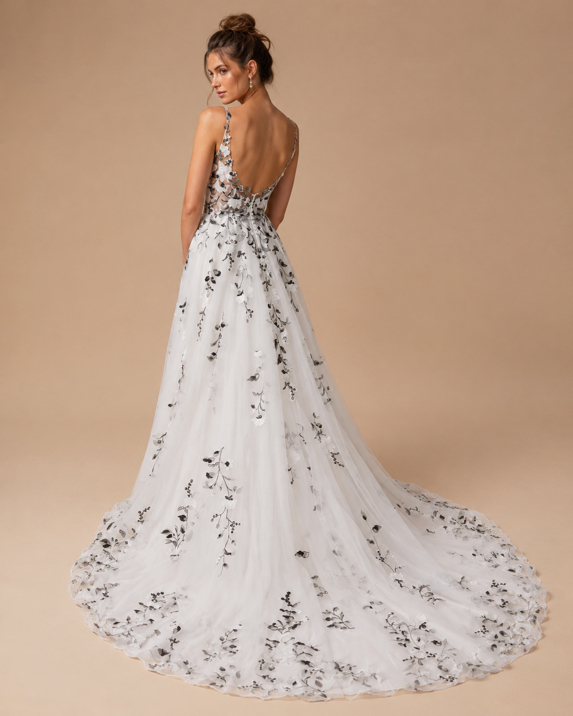 LORINDA | Elegant White Tulle V-Neck Sleeveless Backless A-Line Bridal Gown with Court Train
