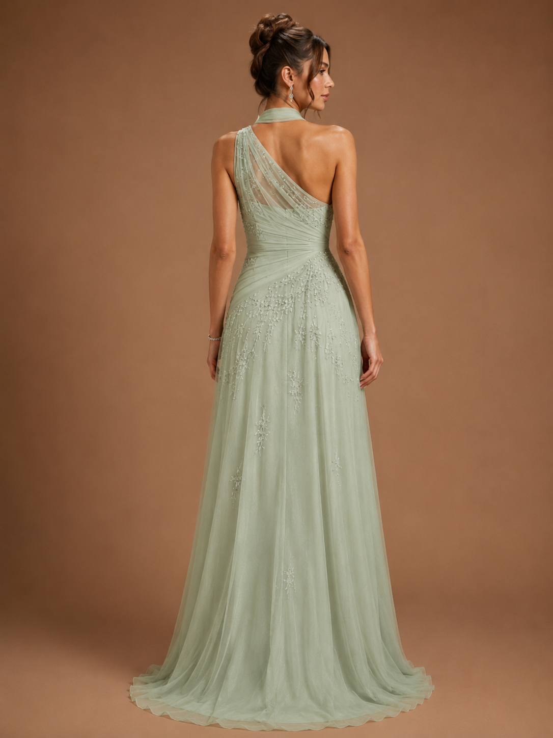ELARA | Light Green Floral Embroidered One Shoulder A-Line Gown