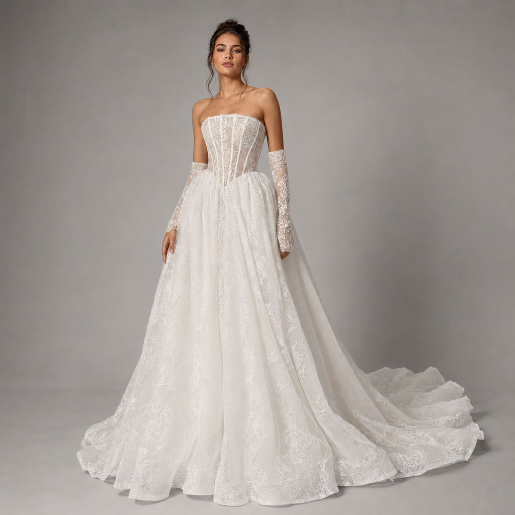 ELYSARA | Strapless Lace Corset Basque-Waist Ball Gown Wedding Dress with Gloves