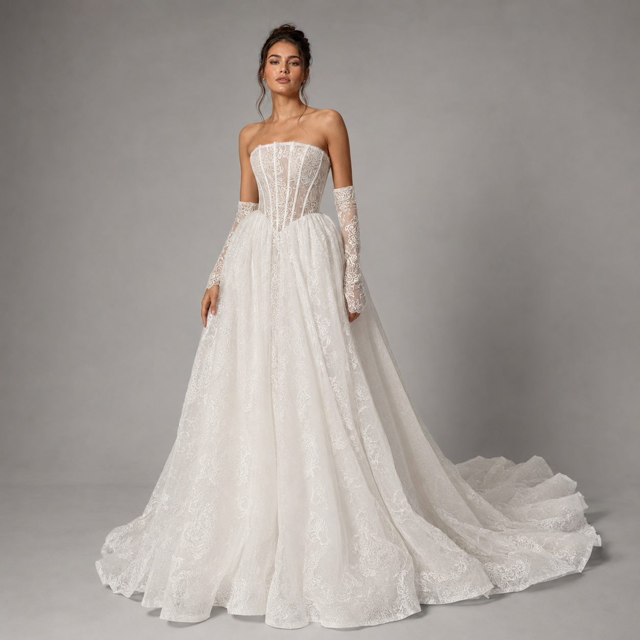 ELYSARA | Strapless Lace Corset Basque-Waist Ball Gown Wedding Dress with Gloves
