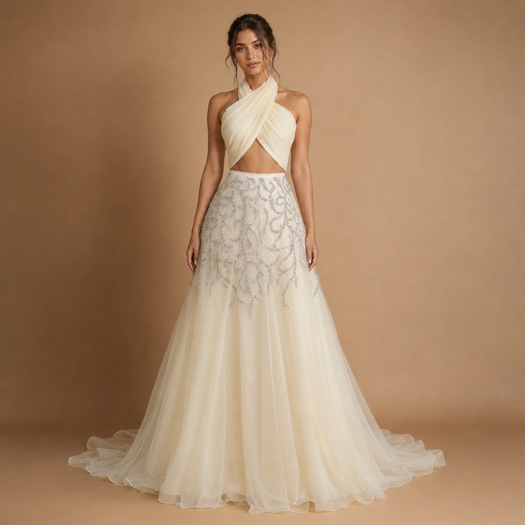 SERAPHINA | Ivory Draped Beaded A-Line Gown