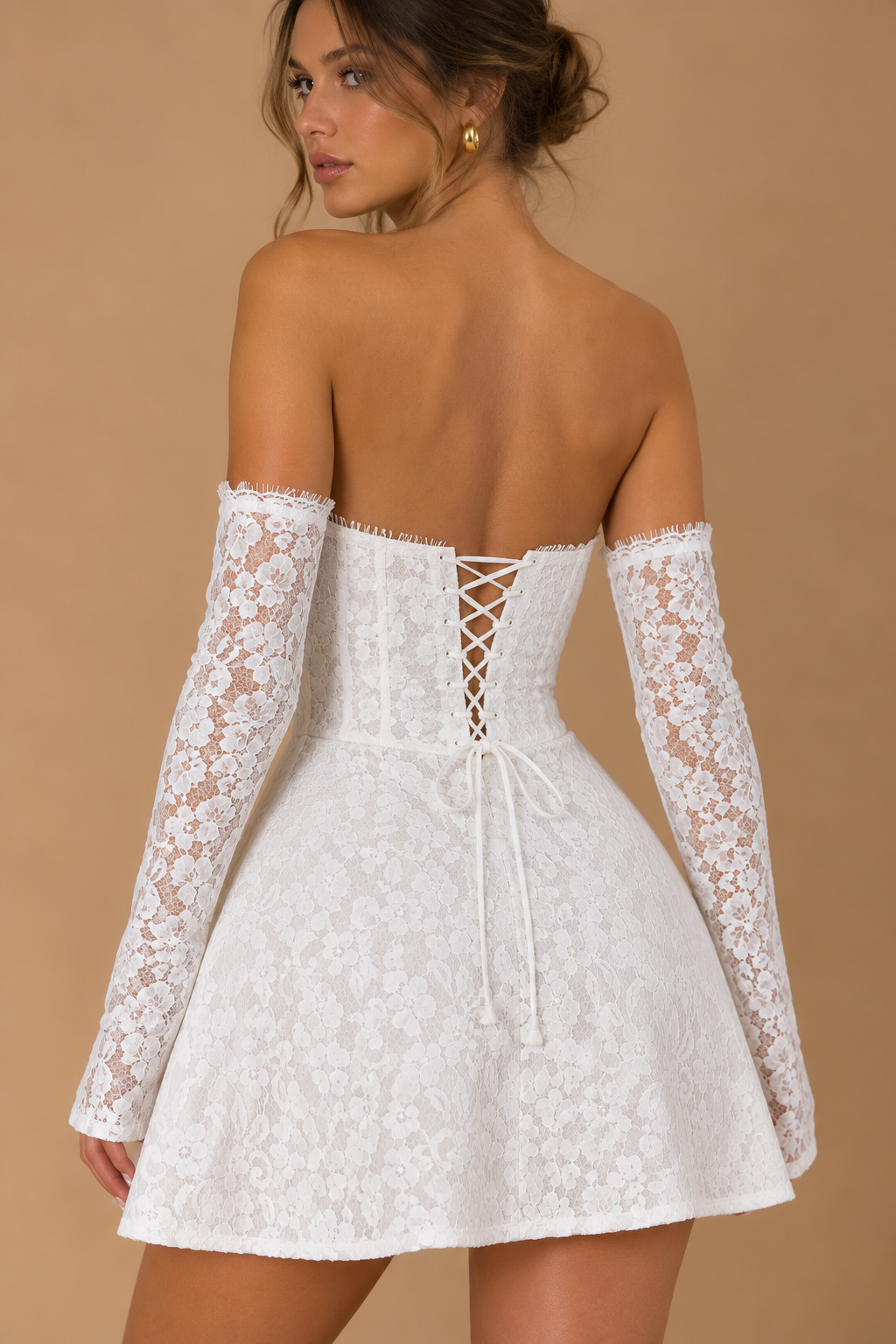 EVANTHIA | Off-the-Shoulder Lace Corset Mini Dress with Detachable Sleeves