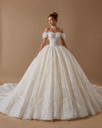 ISADORA | Ivory Off-Shoulder Lace Corset Ball Gown Wedding Dress with Cathedral Train