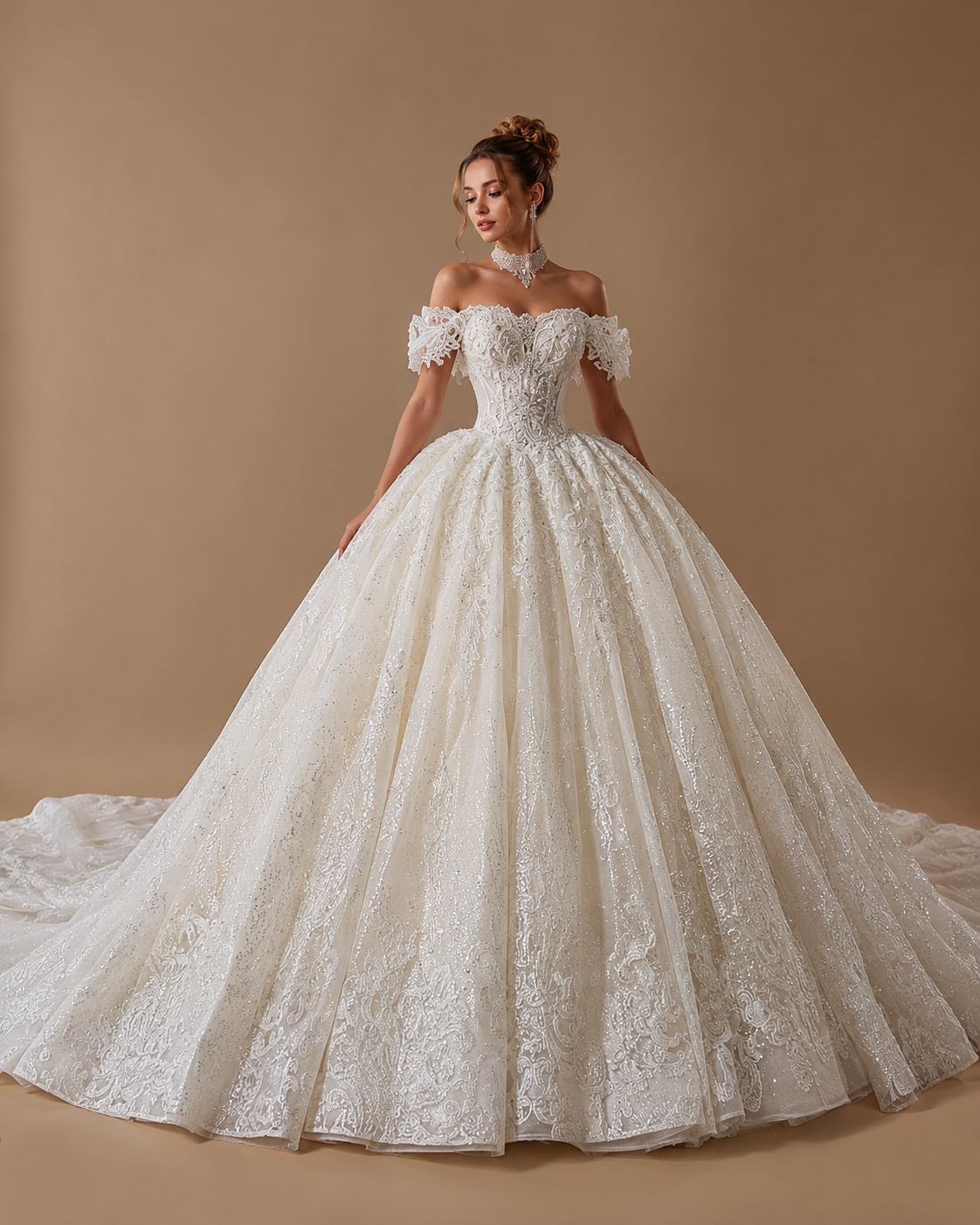 ISADORA | Ivory Off-Shoulder Lace Corset Ball Gown Wedding Dress with Cathedral Train