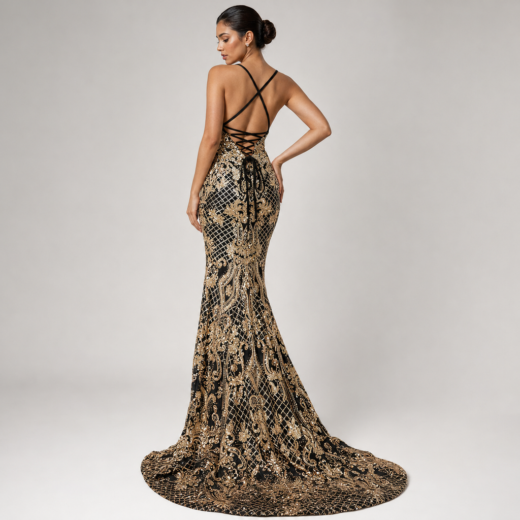 VIOLETTE | Black & Gold Sequin Baroque Mermaid Evening Gown