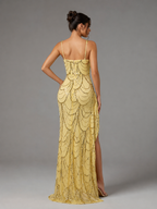 SORELLE | Yellow Gold Sequin Beaded Slit Evening Gown